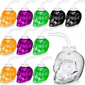 Umigy 12 Pack Skull Shaped Cups with Straw and Lids - 17 oz Reusable Plastic Cups for Halloween Party Supplies, Birthday Events and Parties(Clear)