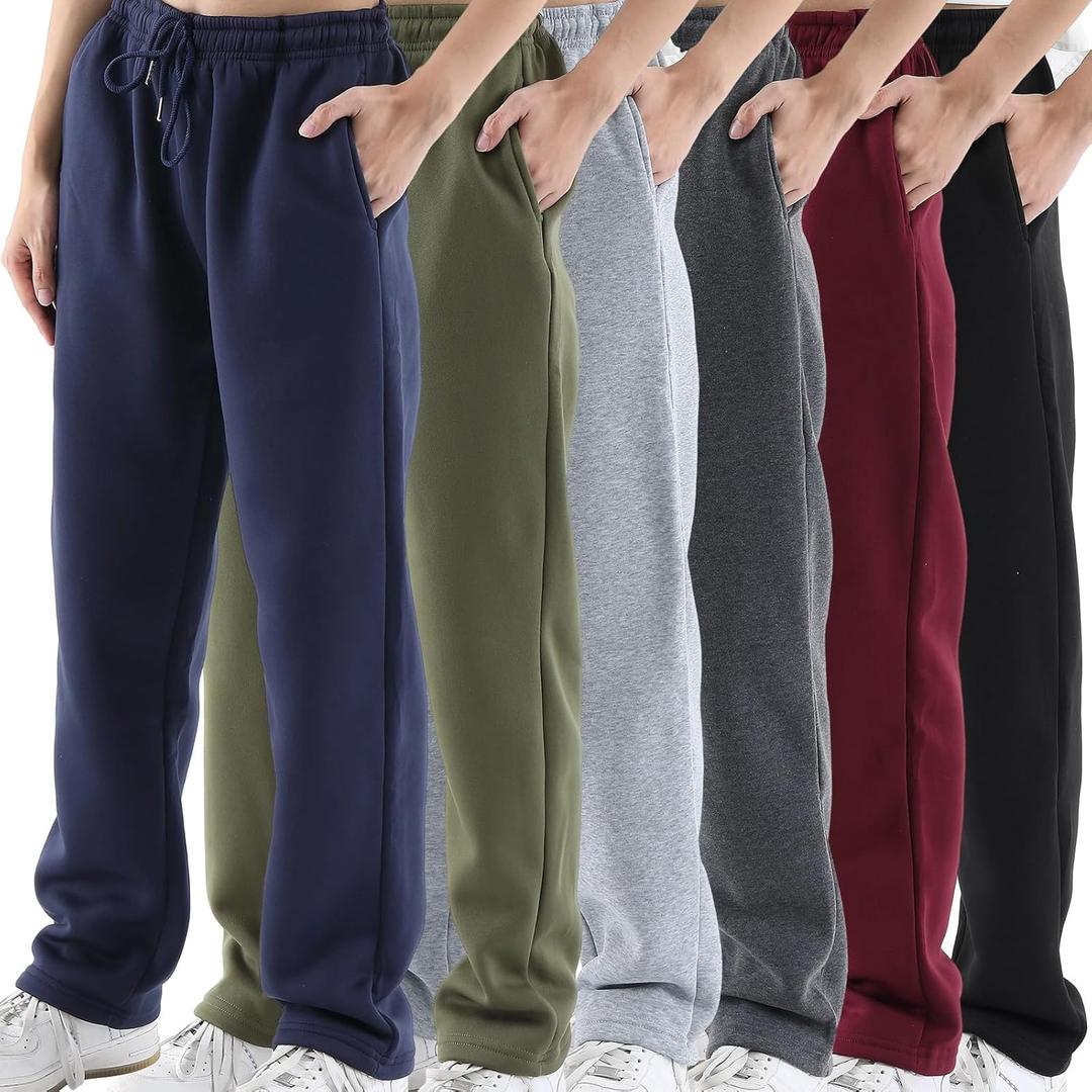 6 Pcs Boys Fleece Sweatpants Youth Joggers & Open Bottom Athletic Pants Kids Warm Active Sweatpants, Size Small, Black, Dark Gray, Light Gray, Navy Blue, Green, Dark Red