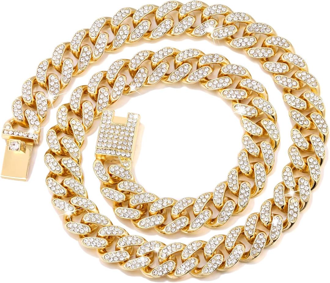 Cuban Link Dog Collar Gold Silver Color Metal Chain Diamond Pet Collars for Dogs Cats Jewelry 8/10/14/16/18/20/24/28 Inch (16inch, Gold)