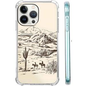 Case for iPhone 14 Pro with Vintage Cowboy Art Design,Abstract Wild West Landscape Pattern for Men Women,Clear Slim Soft TPU Bumper Case,6.1(Cowgirl,14pro)
