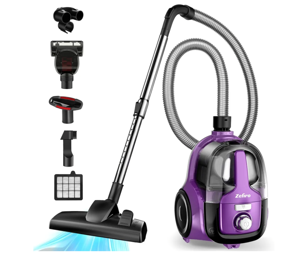 Zefiro Canister Vacuum Cleaner, Bagless Canister Vacuum for Home, Powerful Suction, Auto Cord Rewind, HEPA Filter, Corded Vacuum for Hard Floors, Carpet, Pet Hair, Apartment/Rental Friendly(Violet)
