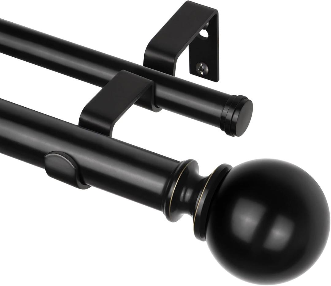 KAMANINA Black Double Curtain Rods 36 to 72 Inches(3-6 Feet), 1 Inch Heavy Duty Curtain Rods for Windows 28 to 48 In, Telescoping Curtain Rod for Bedroom, Dual Curtain Rod with Round Finials