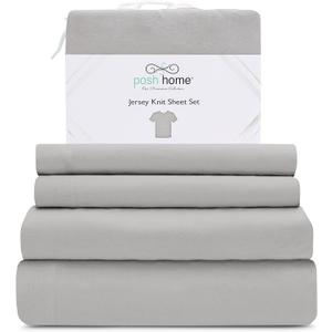 Posh Home Jersey Knit Sheet Set 4-Piece Breathable Cotton Sheets - Flat, Fitted Sheets & 2 Pillowcases - Full