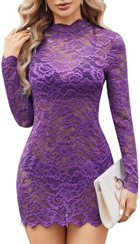 Avidlove Womens Sheer Lace Dress Sexy Long Sleeve Dress See Through Lingerie Short Mini Dresses for Party (No Linling), Purple, M