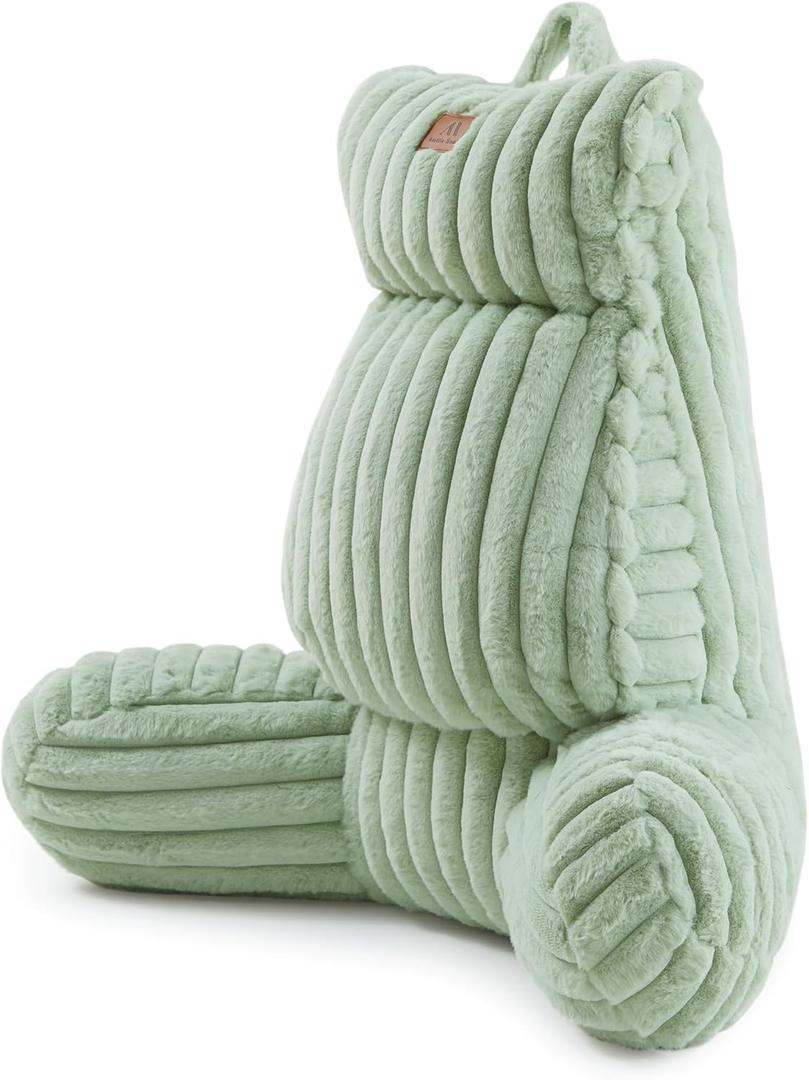 Amlie Home Faux Fur Reading Pillow with Pocket for Sitting in Bed, Adult Backrest Bed Pillow with Washable Cover for Lounging, Watching TV/Gaming/Resting/Post/Surgery/Nursing, Sage Green 29 inches