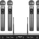 Phenyx Pro Wireless Microphone System, Metal Wireless Mic Set with 4 Cordless Mics, 4x25 UHF Adjustable Frequencies, 200ft Range, Dynamic Microphones for Singing, Karaoke, Church, DJ (PTU-5200-4H)