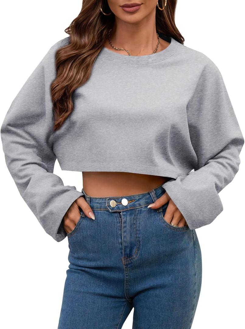 LovelyWholesale Women Long Sleeve Cropped Sweatshirt Oversized Crew Neck Workout Tops Grey X-Large (Gray, XL)
