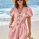 Cicy Bell Womens Cute Rompers Bow Front Puff Sleeve V Neck Short Jumpsuits Sexy Summer Outfits with Pockets (Pink)