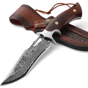 Omesio Damascus Hunting Knife, 10.04'' Damascus Steel Fixed Blade Knife Full Tang, Outdoor Survival Camping Damascus Knife with Sheath, Japanese Style, Wooden Handle with Gift Box