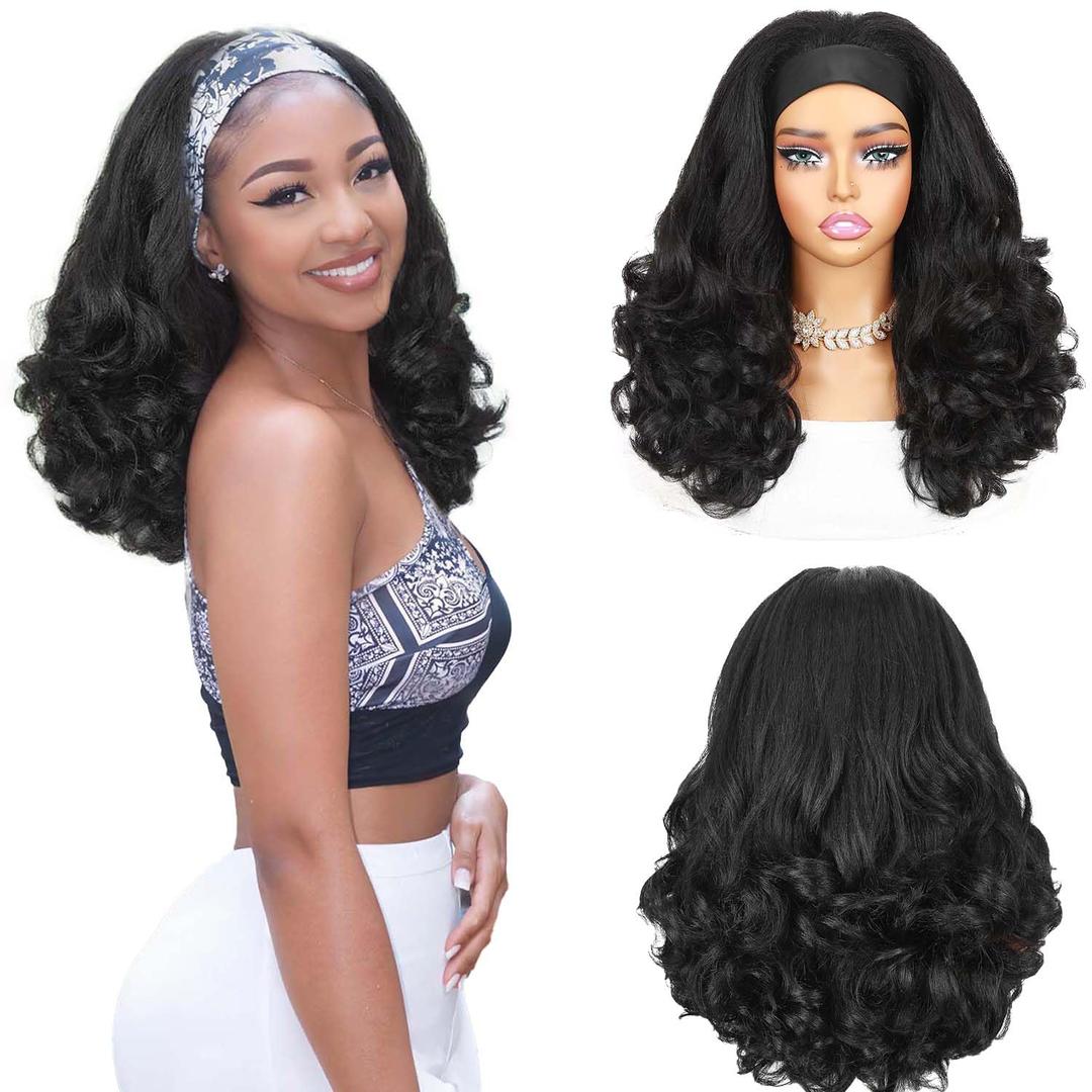 Quantum Love Yaki Curly Headband Wigs for Black Women Kinky Straight Black Headband Curly Ends Synthetic Wear and Go Glueless half Wig with Headbands Attached (18 INCH)