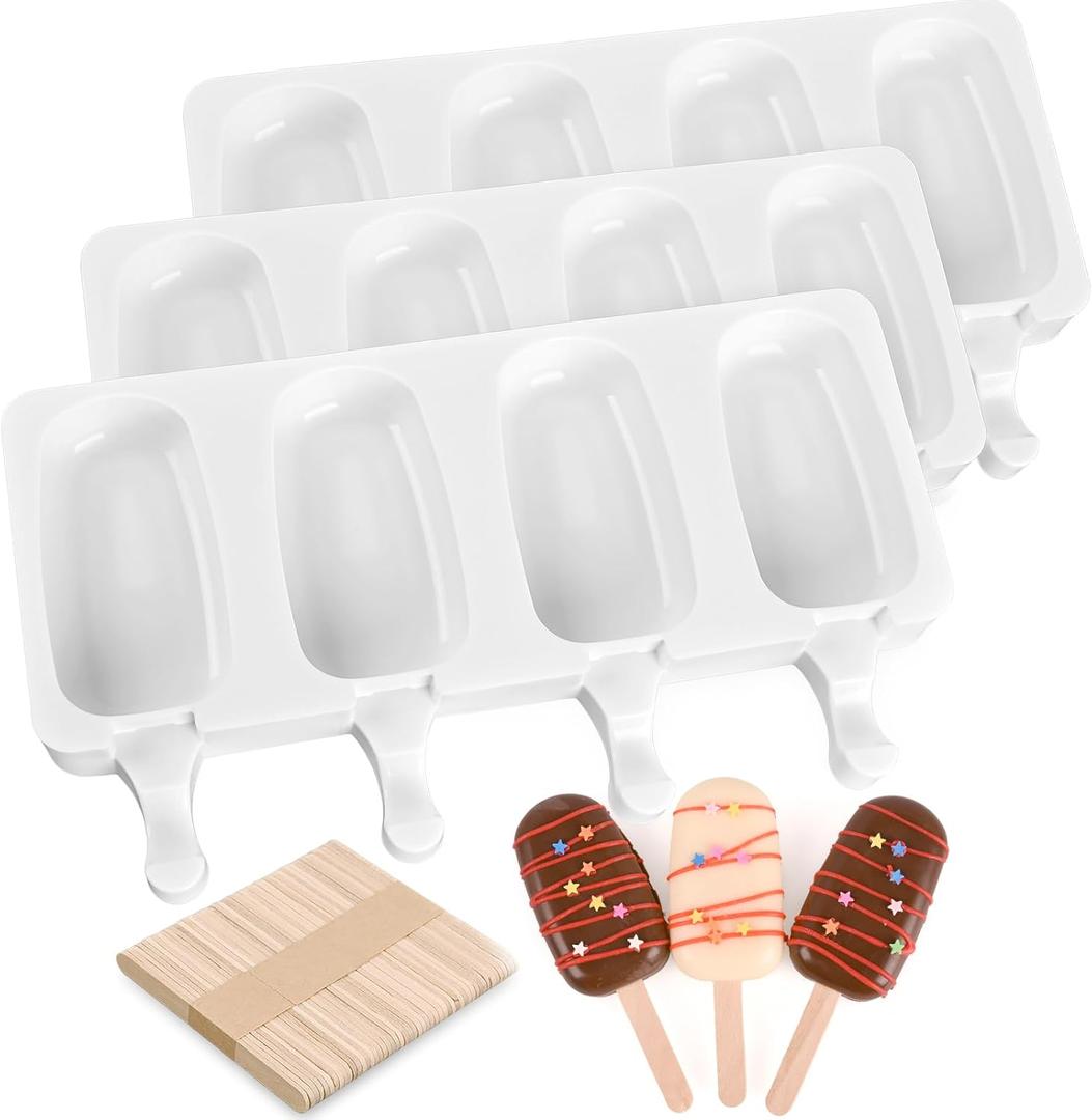 Sakolla Set of 3 Large Popsicle Molds 4 Cavities Cake Pop Silicone Molds Oval Ice Cream Cakesicle Molds for Homemade Ice Pop with 100 Wooden Sticks