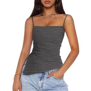 PRETTYGARDEN Women's Summer Spaghetti Strap Tank Tops Sleeveless Camisole Blouses Asymmetrical Going Out Basic Tank Shirt (Gray, L)