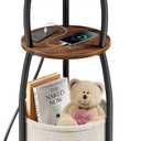 Side Table with Charging Station, Small Round End Table with Basket, USB Port and Outlet, 3 Tiers Sofa Couch Table for Living Room Bedroom, Small Spaces, 11.81in Rustic Brown