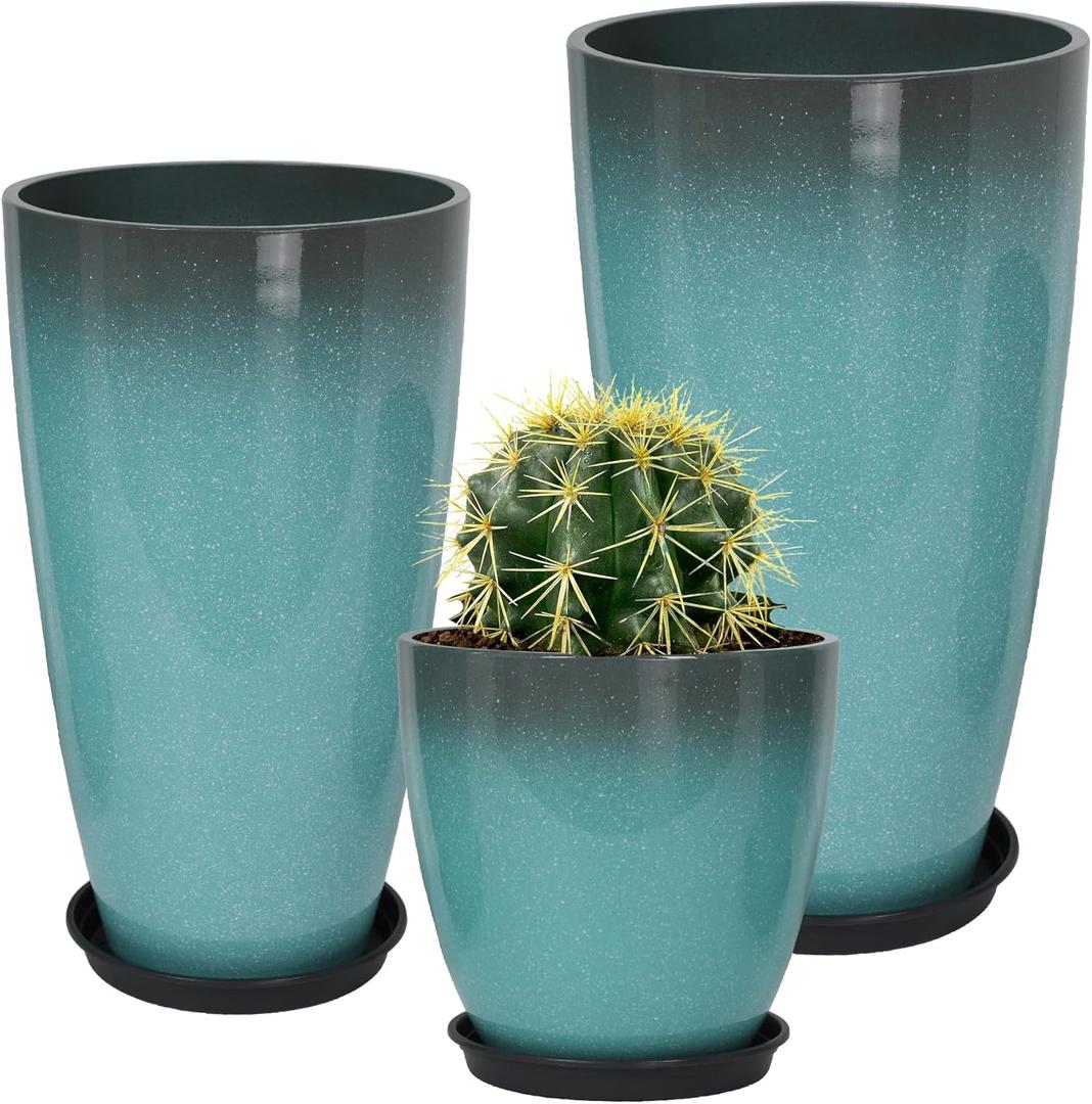 Neoaider 24/21/12 Inch Large Plastic Planter, Lightweight Ceramic-Look Tall Planters with Drain Hole & Saucers, Tall Plastic Planters for Porch, Garden, Patio, Balcony(Sky Blue)