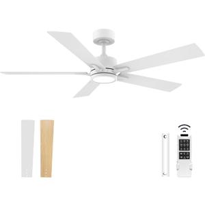52" Ceiling Fan with Lights and Remote Control,Quiet DC Motor,Indoor outdoor Modern Ceiling Fans with Dimmable LED Light,6-Speed, 5-Blade,Waterproof, White/light wood for Bedroom,Patio,Porch