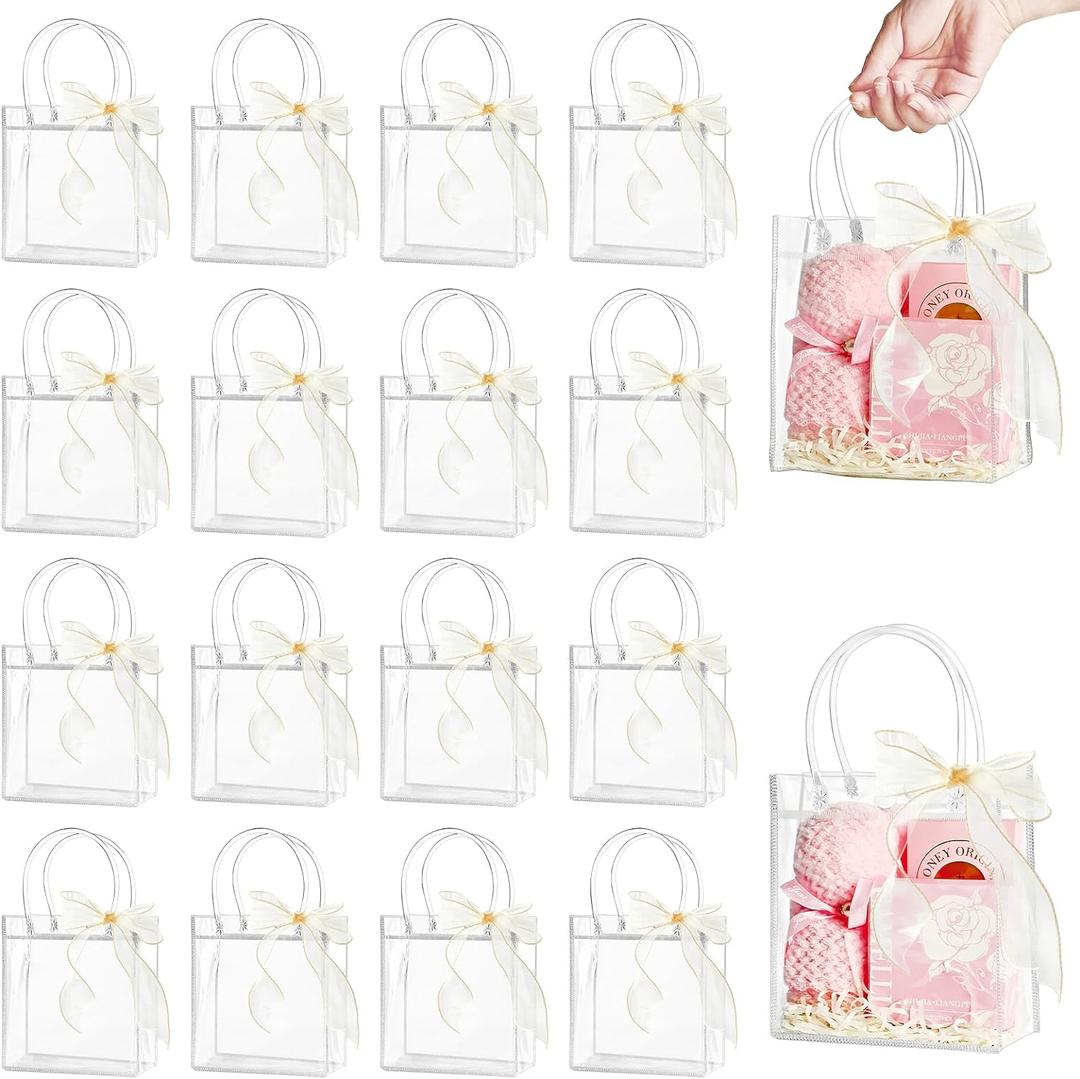 Ohuimrt 30 PCS Clear Plastic Gift Bags with Handles, 5.9 x 6.3 x 2.8 Inches Reusable Party Favor Bags with Ribbon Transparent Gift Wrap Bags Bulk for Weddings Birthdays