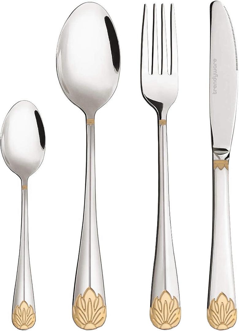 Silverware Set Limited Edition  24 Piece Dinnerware Set  Flatware Set for 6  Silver Tableware Set w/Gold Accents  Great for Family Gatherings & Daily Use  Spoons, Knives, Teaspoons, Forks