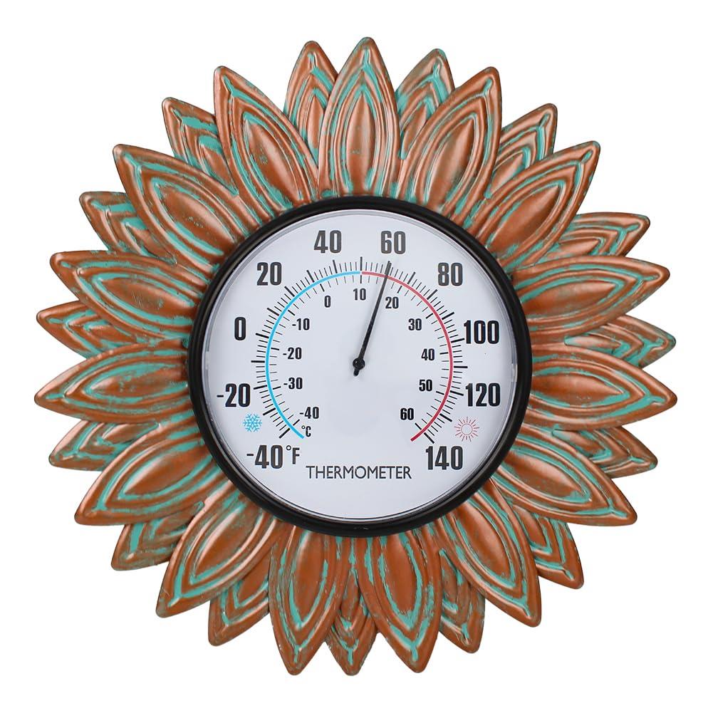 Sunflower Outdoor Thermometers, No Need Battery Indoor Themometer, 12" Metal Wall Thermometer with Large Number Easy to Read for Patio Room Decor