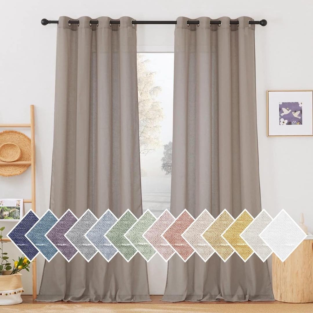 NICETOWN Linen Sheer Curtains 96 inches Long, (Burlap) Grommet Semi Sheer Flax Textued Vertical Drapes Privacy with Light Filtering for Living Room/Farm House, W52 x L96, 1 Pair