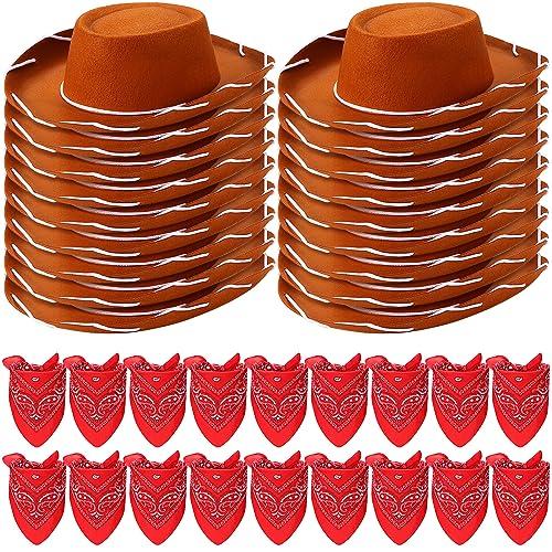 Unittype 18 Sets Cowboy Hats and Bandanas Bulk Kids Western Cowboy Costume Accessories Kids Party Supplies(Brown, Red)