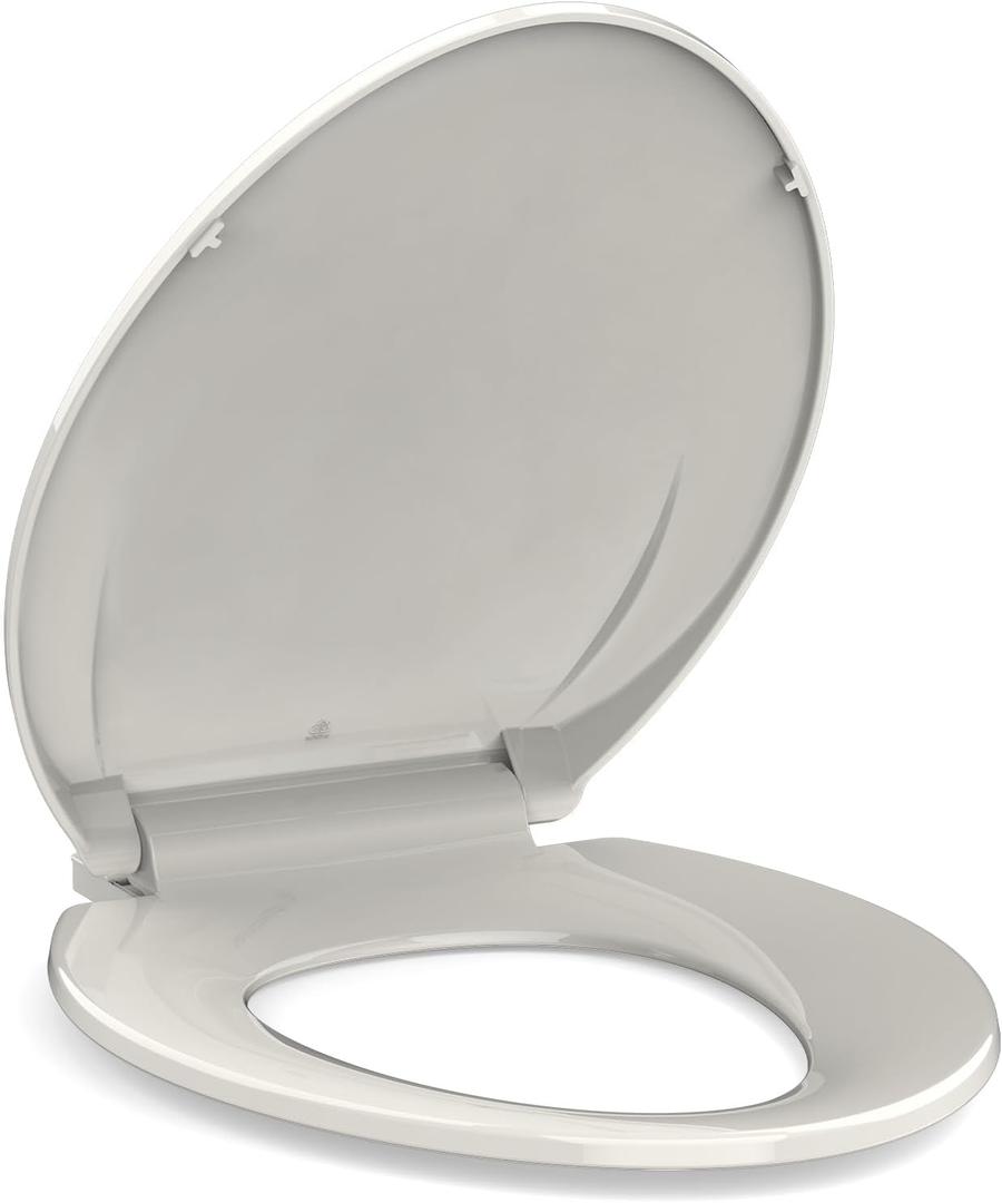 Elongated Toilet Seat Slow Close, Quiet Toilet Seat Cover with Never Loosen Durable Toilet Seat Lid Easy to Install & Clean, Polypropylene (PP), 19" Elongated Biscuit