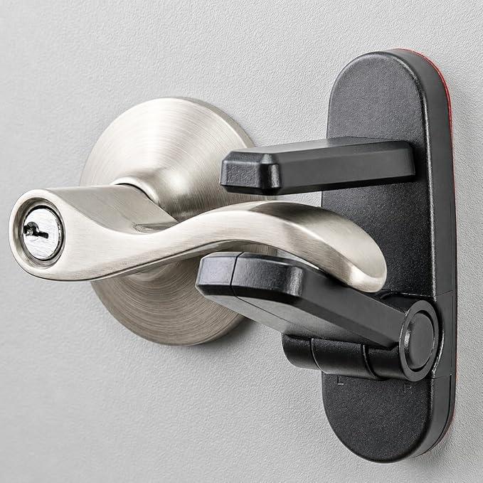 Door Lever Lock (2 Pack) Prevents Toddlers from Opening Doors. 3.25" L * 1.5" W * 4.5" H Easy One Hand Operation for Adults. Durable ABS with 3M Adhesive Backing. Simple Install, Black