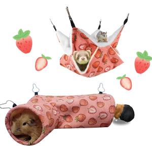 LYART Guinea Pig Rat Ferret Hammock and Warm Bed Small Pet Hideout Tunnel Cave Hanging Bunkbed Hammock Cage Toy for Hamster Sugar Glider Squirrel (1.Hammock & Corner Tunnel)
