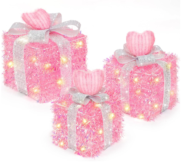 Otoolling 8 Mode 3 Packs Pink Valentines Decorations LED Light Up Valentines Lighted Gift Boxes with Pink Bowknot Present Boxes USB Powered for Room Photo Home Party Decor Indoor Outdoor Holiday