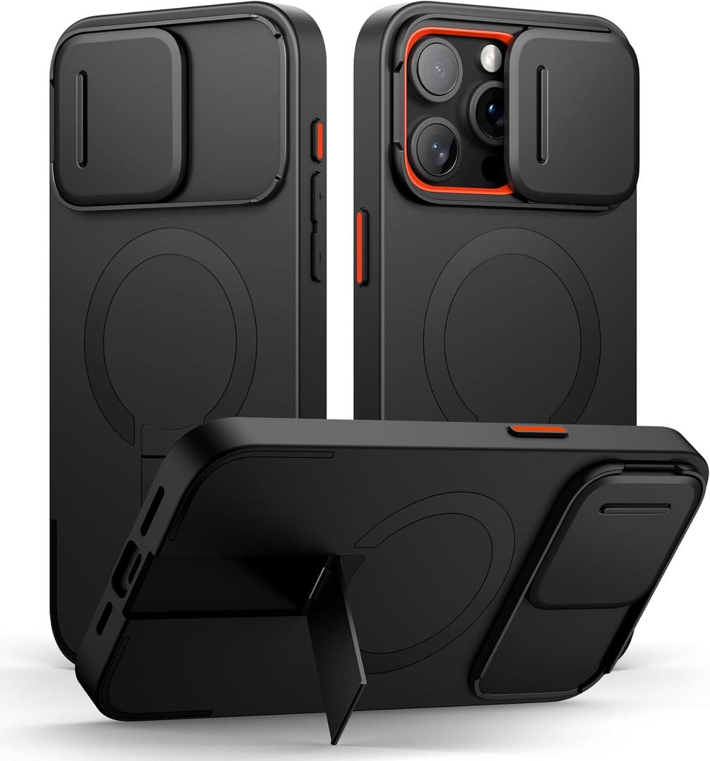 SURITCH for iPhone 15 Pro Max Case with Magnetic Camera Slide Cover and Adjustable Kickstand, Compatible with MagSafe, Shockproof Bumper Case Slim Protective Cover 6.7 Inch, Black