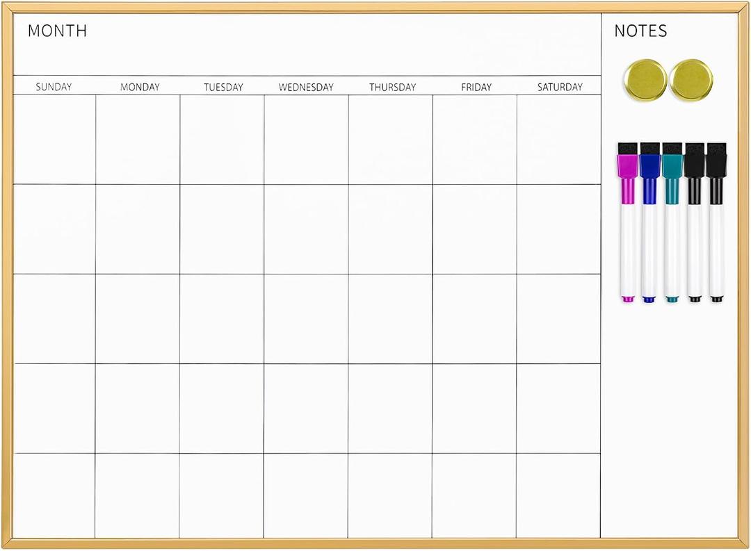 VUSIGN Magnetic Monthly Calendar Whiteboard, 17'' x 23'' Dry Erase Calendar for Wall Office School Home, Gold Wooden Frame