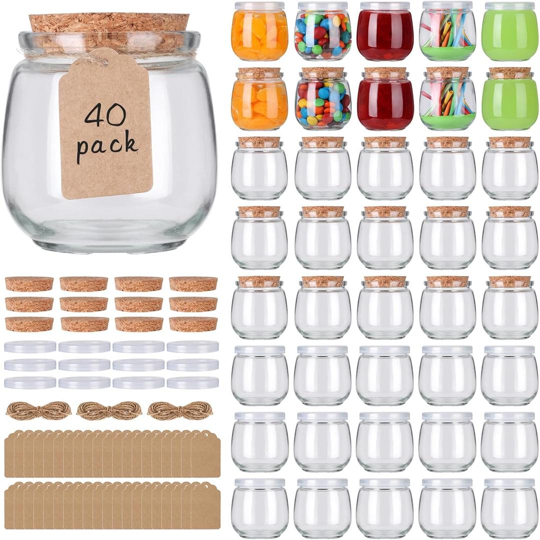 40 Pack 7 oz Glass Yogurt Jars with Cork Lids and PE Lids, Small Glass Pudding Jars, Glass Jars for Wedding Favors, Milk, Jams and DIY Gift, Label, Tags and Twine included