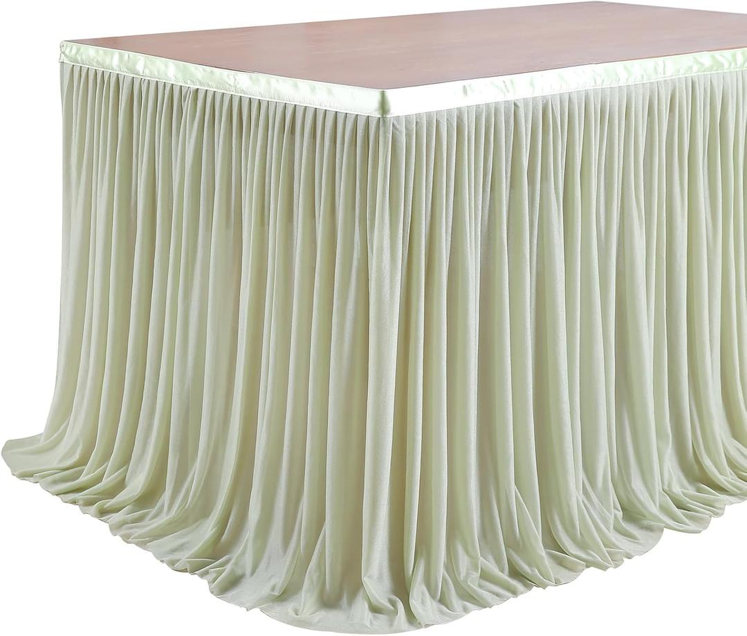 6FT Dusty Green Polyester Table Skirt Recycle Use Sheer Tablecloth for Wedding Reception, Birthday Party, Cake Table Decoration