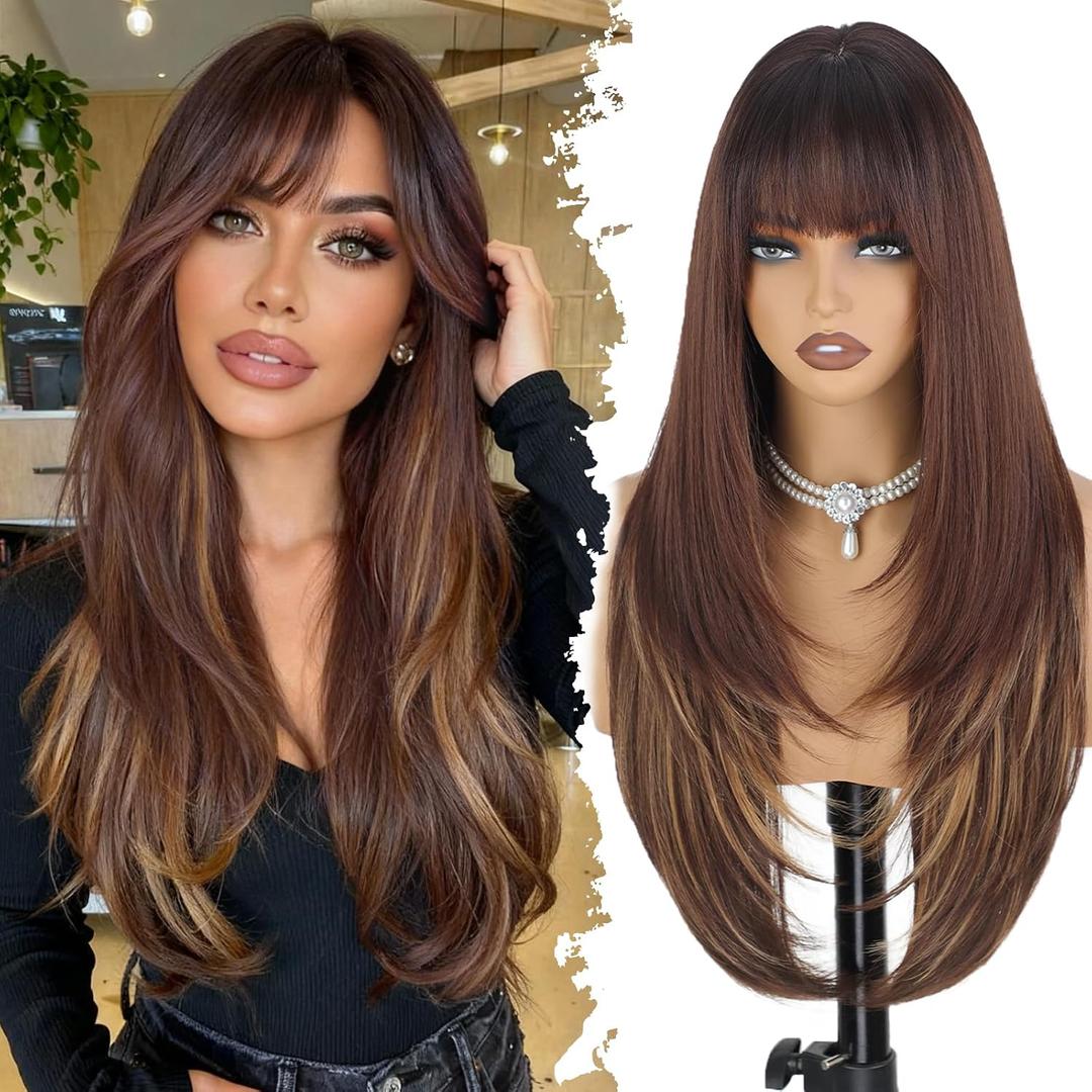 Brown Highlights Wig with Bangs for Women, 4x4 Realistic Scalp, Free Parting, Long Layered Wig Ombre Brown Mixed Blonde Synthetic Heat Resistant Wigs for Daily Party Use 26 inch