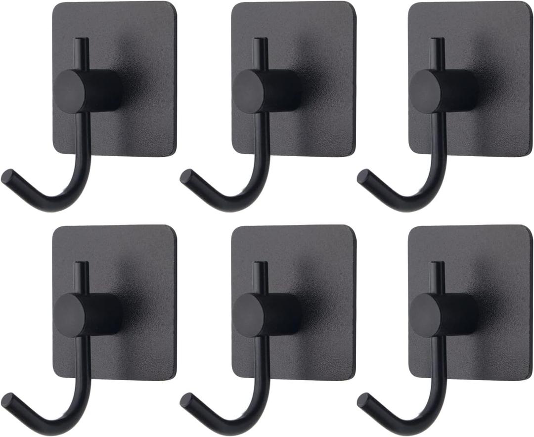 VAEHOLD 6 Pack Adhesive Wall Hooks, Heavy Duty Sticky Holder Aluminum Towel Hooks for Hanging Coat, Hat, Key, Clothes, Closet Hook Wall Mount for Kitchen, Bathroom, Office (Black)