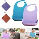 2 pieces adult bib Large silicone adult bibs with crumb catcher, adjustable waterproof clothes protector, Bibs for Elderly Women and Men, Senior Citizen Feeding Bibs - Unisex(blue, purple)