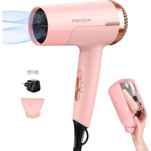 PRITECH Dual Voltage Travel Hair Dryer (1250W) - Foldable Blow Dryer with Concentrator, 110V/220V Worldwide Use, Compact Lightweight Design, EU Plug Included