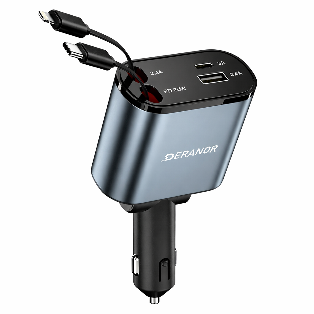 [1 Pack] Retractable Car Charger 4 in 1 Fast Car Phone Charger 69W, USB C Car Truck Accessories Adapter with 2X Retractable Charger Cords and 2X USB Ports for iPhone 17/16/15/14, for Samsung S25/S24, C + L Retractable Cords
