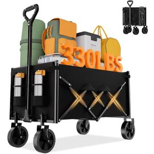 Favoyard Collapsible Wagon Carts Foldable 100L & 330LBS Portable Folding Wagons with All-Terrain Wheels & Brakes Heavy Duty Outdoor Utility Cart for Beach/Grocery/Camping/Shopping/Sports/Garden, Black (100L-Drink Holders)
