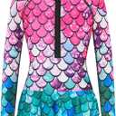Girls Long Sleeve Rashguard Swimsuit UV Protection One-Piece Swimwear Bathing Suit (11-12 Years, Mermaid Skirt)