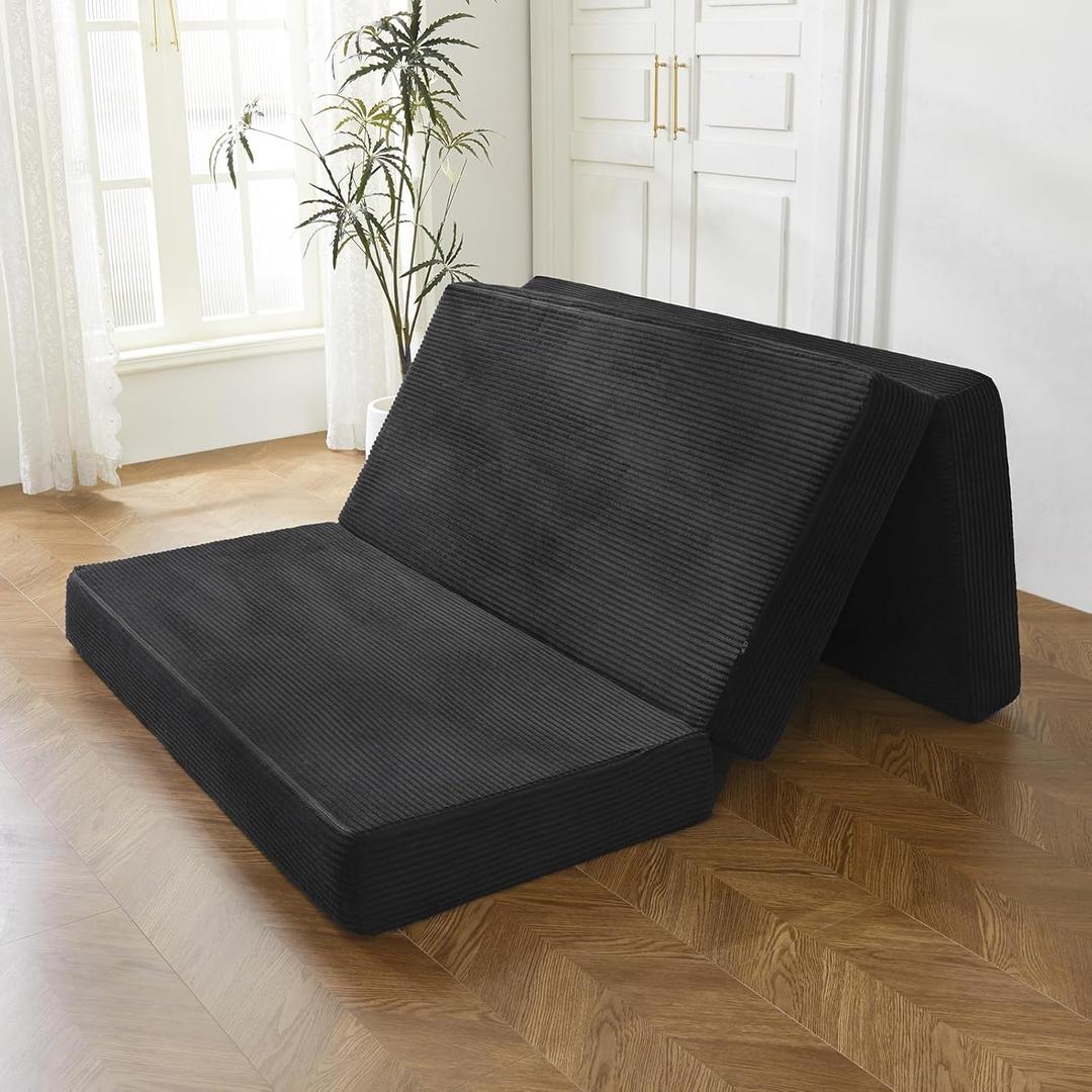 BYBYME Tri-Folding Corduroy Mattress, 6 Inch Gel Folding Mattress Topper, Foldable Soft Guest Bed Camping Pad, Washable Cover (Black, Twin)