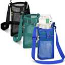 3Pcs Water Bottle Holder with Strap, Mesh Water Bottle Bag Carrier with Adjustable Shoulder, Water Bottle Carrier with Strap and Pouch for Walking and Travelling (Black/Blue/Green)