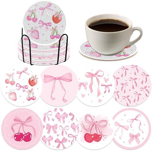 Pink Bow Diamond Art Coasters Kits - 8 PCS DIY Non Slip Diamond Painting Coasters with Holder Bowknot Cherry Strawberry Gem Art Craft Supplies for Adults Beginners Women Coquettee Home Table Decor