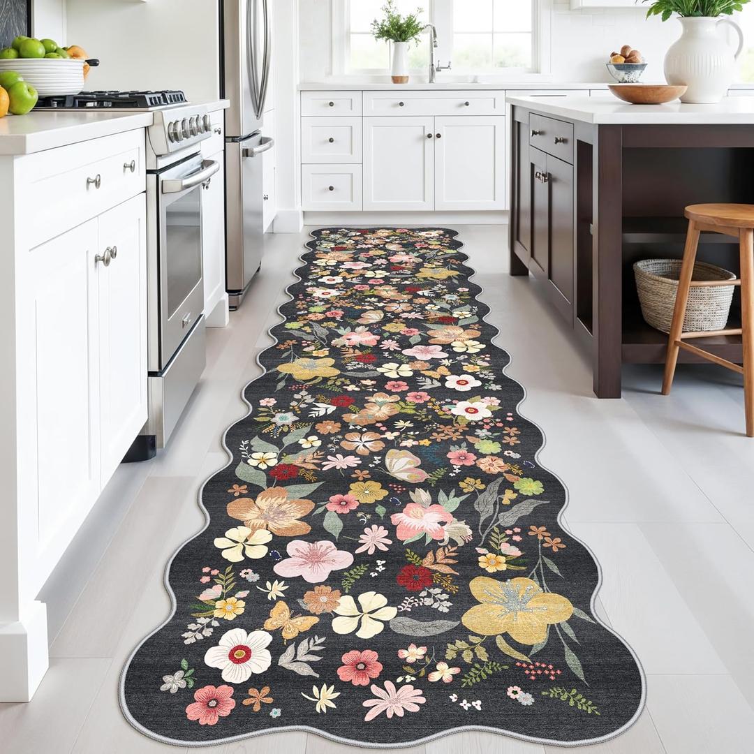 3x12 Extra Long Runner Rug for Hallway - Machine Washable Non-Slip with Rubber Backing Floral Carpet for Entryway,Kitchen,Bedroom - Low Pile Soft Thin Indoor Floor Mat with Scalloped Edges(Black,3x12)