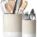 LE TAUCI Utensil Holder for Kitchen Counter, 7.3"+5.4" Fluted Ceramic Utensil Crock Organizer for Countertop, Heavy Large Holder for Spatulas, Spoons, Set of 2, Warm White Glaze