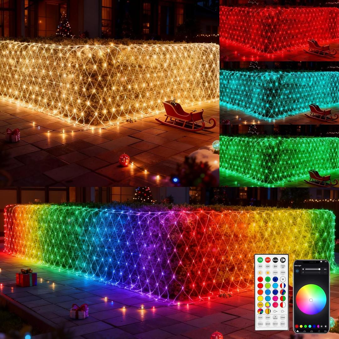 Dazzle Bright Smart Christmas 360 LED Net Lights, 12FT x 5FT RGB Color Changing String Lights Clear Wire with Remote & APP Control, Christmas Decoration for Indoor Outdoor Xmas Party Yard Garden Decor (RGB (Red, Green, Blue))