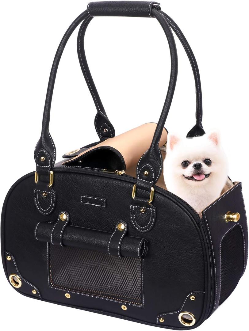 PetsHome Dog Carrier Purse, Pet Carrier, Foldable Waterproof Premium PU Leather Pet Travel Portable Bag Carrier for Cat and Small Dog Home & Outdoor Small Black (15.3"L x 8.1"W x 10.0"H)