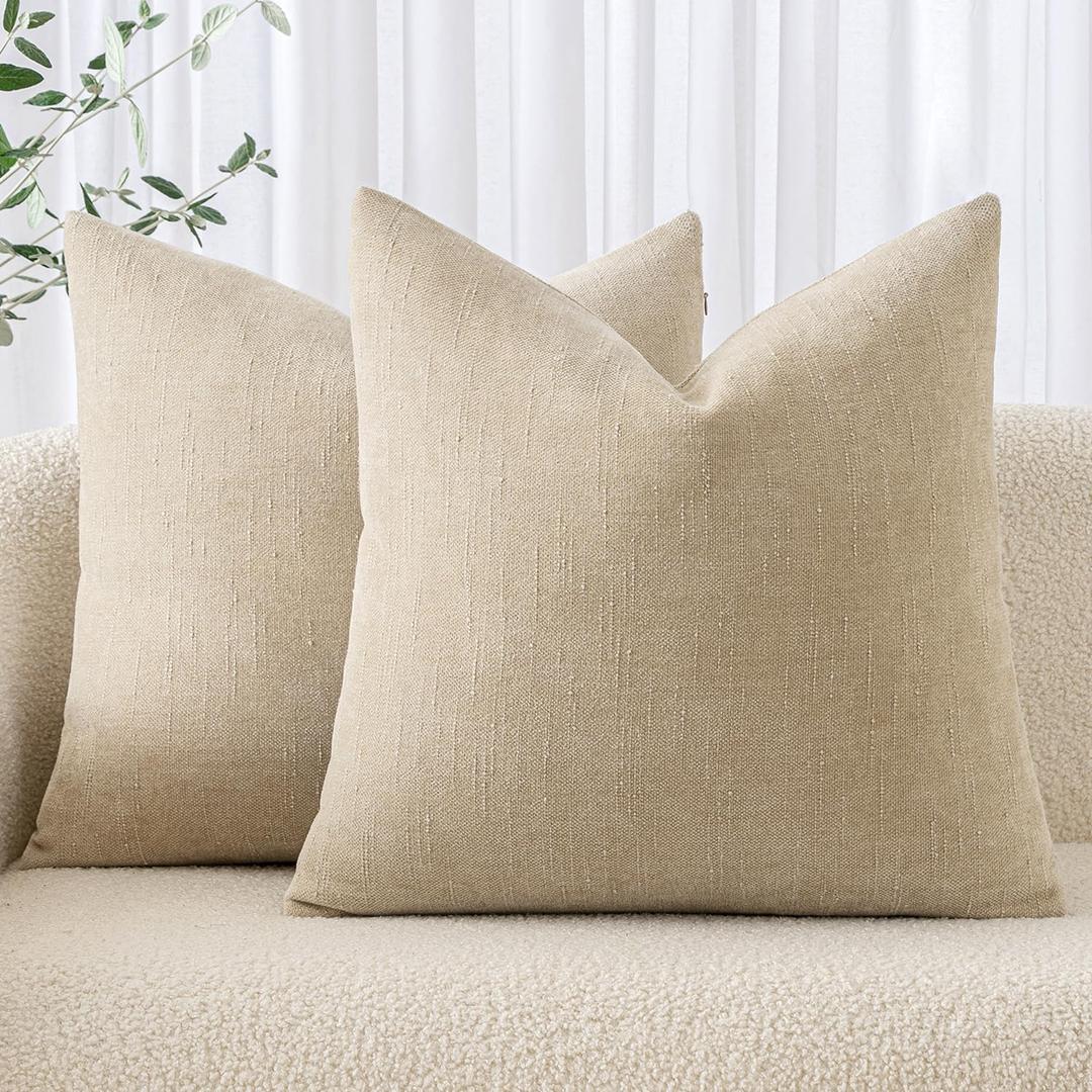 MIULEE Pack of 2 Decorative Throw Pillow Covers Soft Chenille Throw Pillows Solid Textured Cushion Covers for Couch Sofa Bedroom Living Room 20x20 Inch, Beige