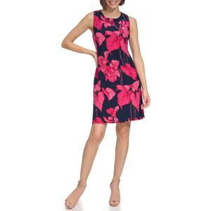 Tommy Hilfiger Women's Matte Jersey Palm Hot Fix Dress, Sky Captain/Carmen Rose, Size 2