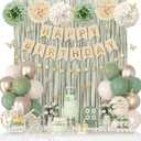 Sage Green Birthday Decorations for Women Girls, Green Sand Gold Confetti Metallic Printed Balloons Butterfly Stickers Fringe Curtain Happy Birthday Banner Star Garland Paper Pompoms Party Supplies