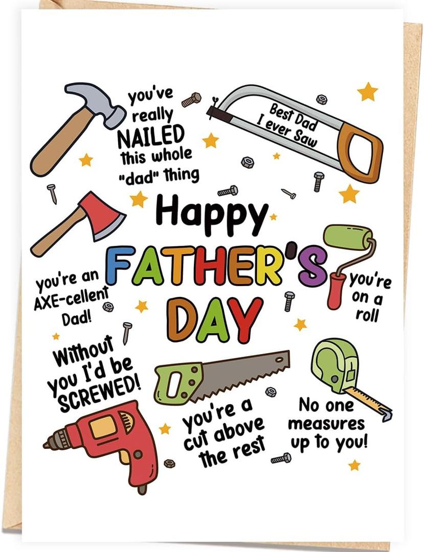 4 x Asmallgf Happy Father's Day Card, Funny Wordplay Gift Card for Dad, Cute Tool Father Day Decoration Gifts from Daughter Son